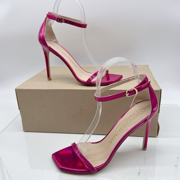 Stuart Weitzman Nudistcurve 100 Strap Sandal Iridescent Patent Orchid Pink US 8 - Picture 2 of 12